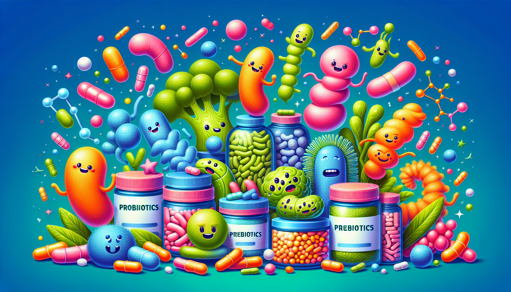 Illustration of various dietary supplements for gut health