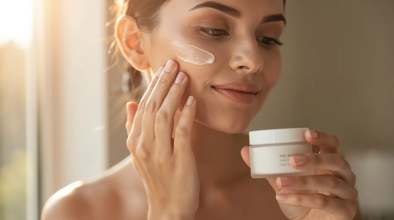 A person is applying a light, translucent cream to their face in warm morning light by a window, emphasizing skin hydration and a healthy glow. The cream is likely rich in hydrating ingredients, perfect for maintaining moisture and restoring hydration to dehydrated skin.