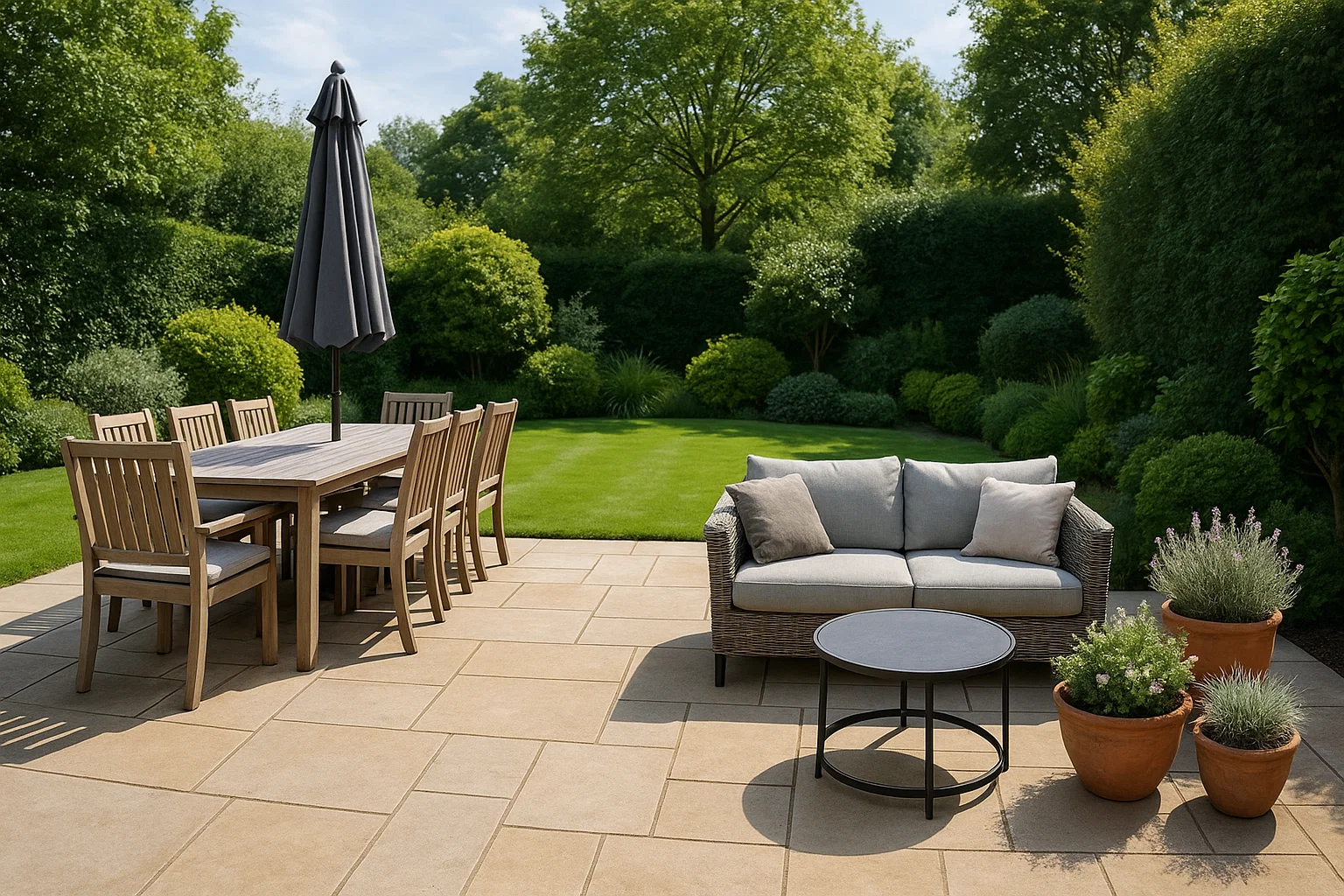Patio designed with separate dining and relaxation areas for versatile outdoor use.