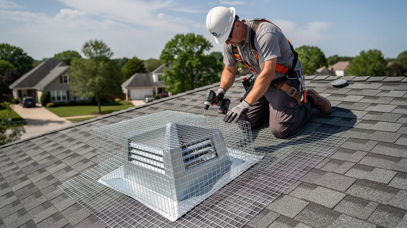 A wildlife removal professional is seen installing galvanized steel mesh over a roof vent on a residential home to prevent entry points for common attic pests like roof rats and flying squirrels. This humane wildlife removal strategy aims to seal off potential access for small mammals, reducing the risk of future infestations and protecting the home from structural damage and health risks associated with rodents.