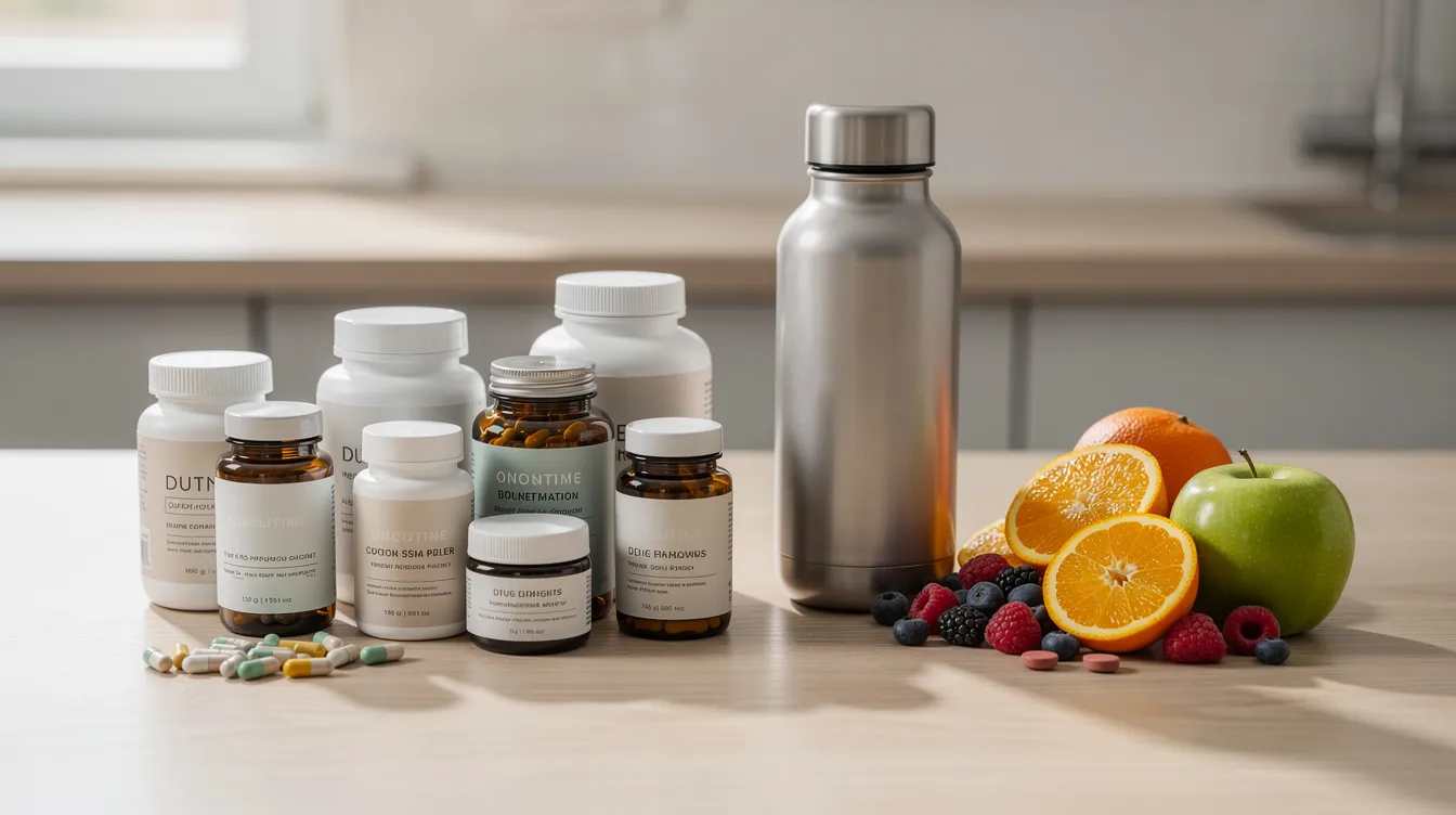 The image features an assortment of wellness supplements, including creatine powder and amino acids, arranged alongside fresh fruit and a reusable water bottle, highlighting a healthy lifestyle. This setup emphasizes the importance of dietary supplements, such as creatine supplementation, for enhancing muscle health and cognitive function in individuals following a plant-based diet.