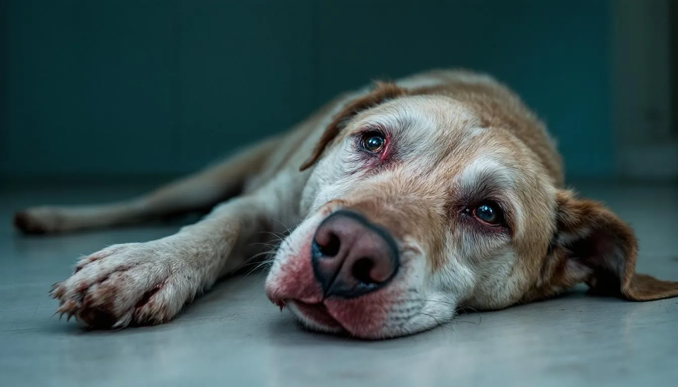 A dog with severe dehydration is depicted, showing sunken eyes and dry gums, indicating a need for immediate veterinary attention. The pet
