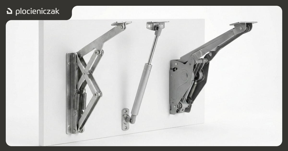 Trzy rodzaje mechanizmów do szafek otwieranych do góry – podnośnik mechaniczny, siłownik gazowy i system Aventos