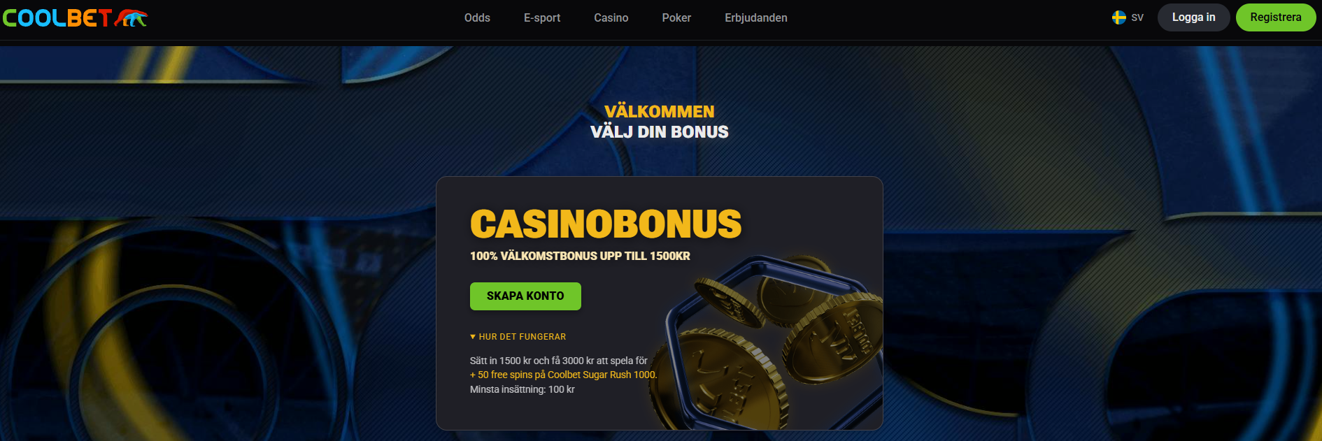 Coolbet erbjudande på 50 free spins utan omsättningskrav tillsammans med en matchad insättningsbonus