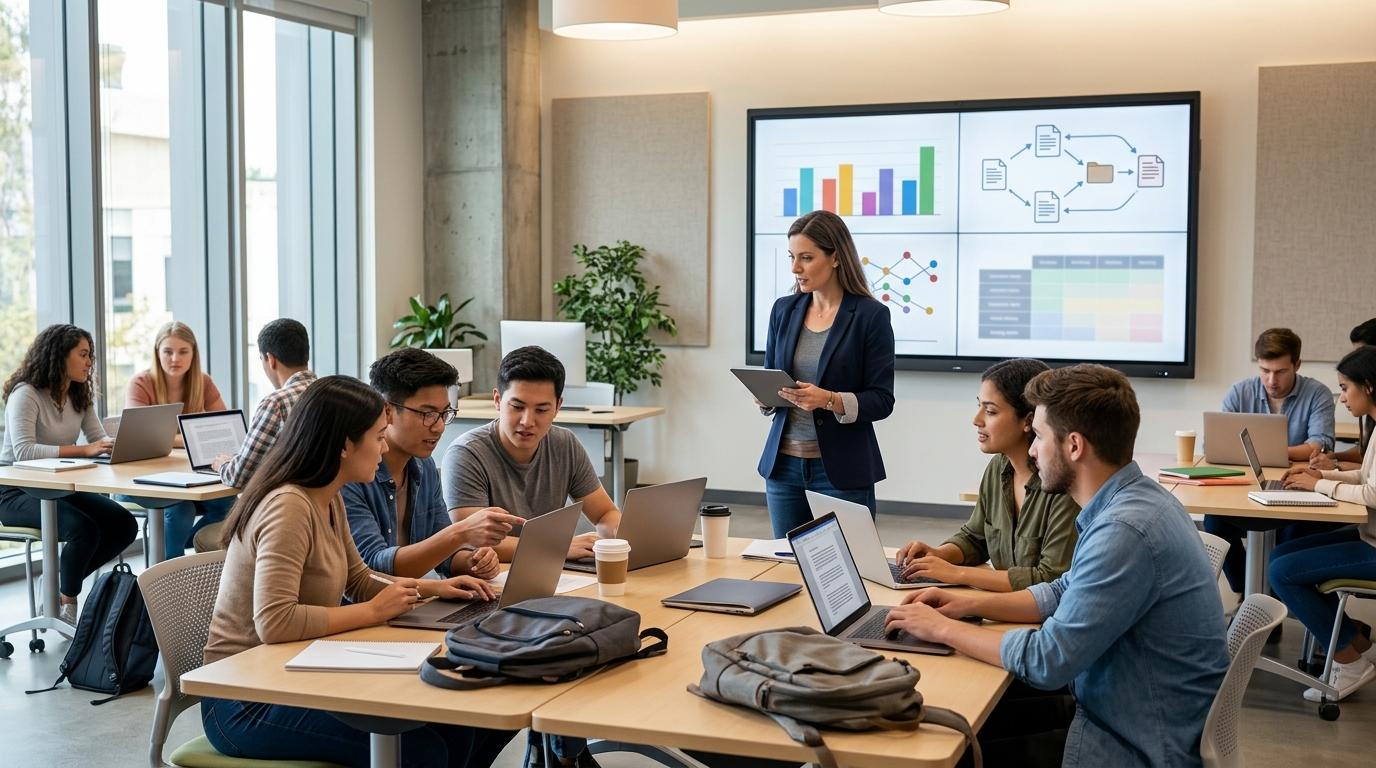 University instructor comparing peer review platforms while students collaborate on essay revisions using laptops in a modern classroom, photorealistic, no text, logos, labels, numbers, or branding" "Modern higher education workspace featuring collaborative writing, AI-assisted assessment, peer feedback, academic integrity, and instructor analytics across connected digital devices.