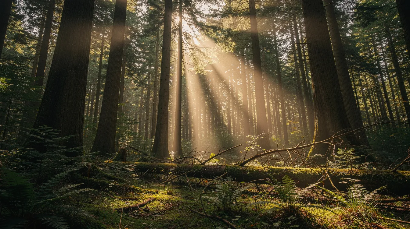 The image depicts a dense cedar forest with sunlight filtering through tall trees, creating a serene atmosphere. This lush setting is reminiscent of the natural beauty found on a desert tour from Marrakech to Fes, where travelers can experience the rich landscapes of the Middle Atlas Mountains.