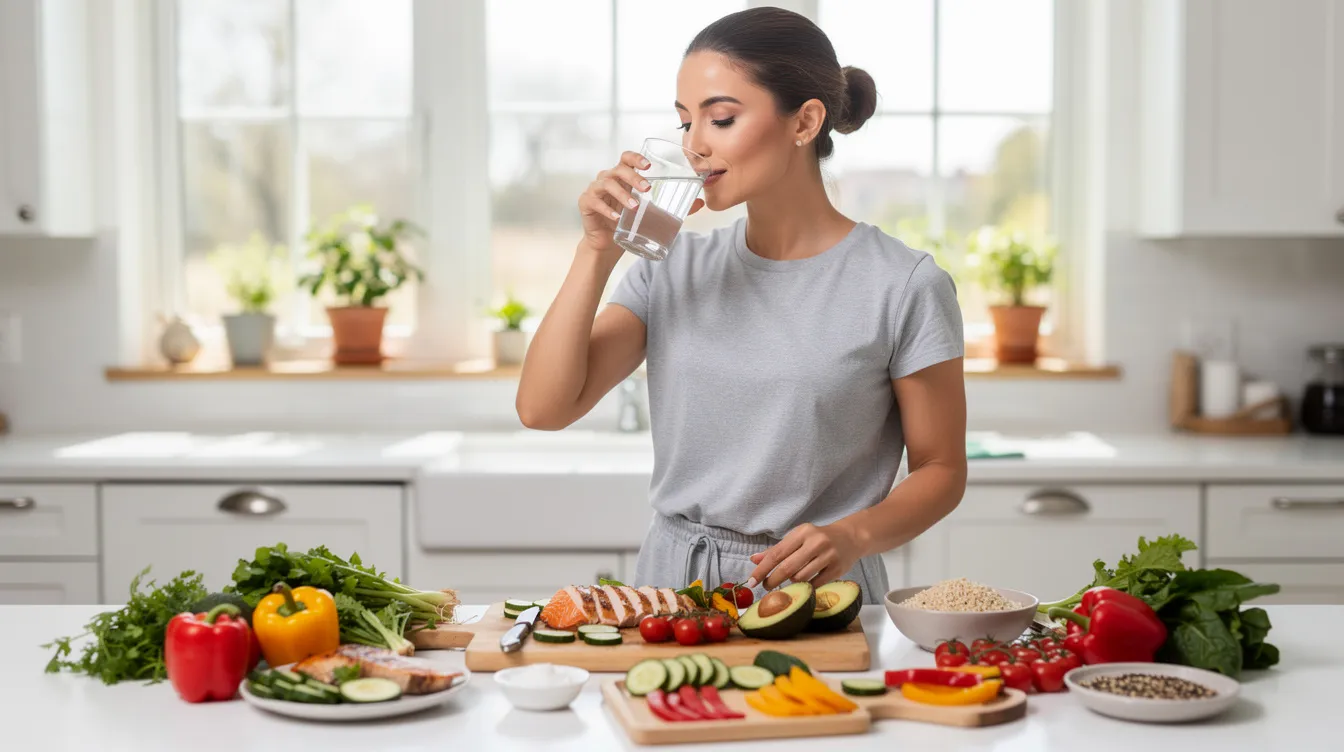 A woman is drinking water while preparing a healthy balanced meal in a bright kitchen, showcasing her commitment to a healthy lifestyle and weight loss journey. The scene emphasizes the importance of a balanced diet and regular exercise in supporting weight management and boosting metabolism.