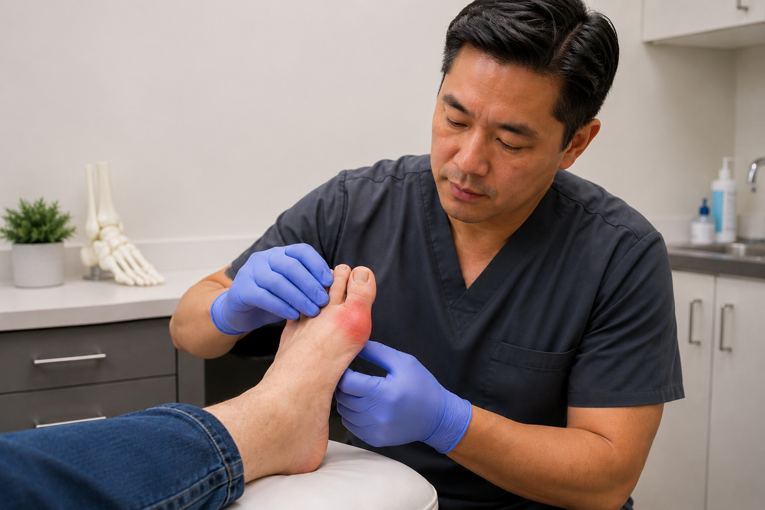 Podiatrist examining a patient's swollen big toe joint during an in-office foot exam