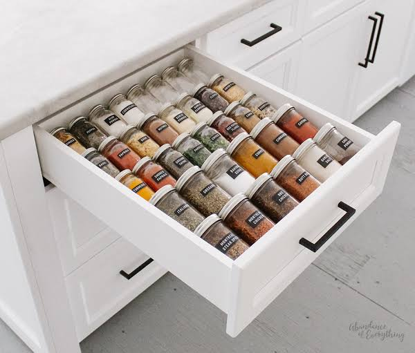 Spices in a kitchen cabinet