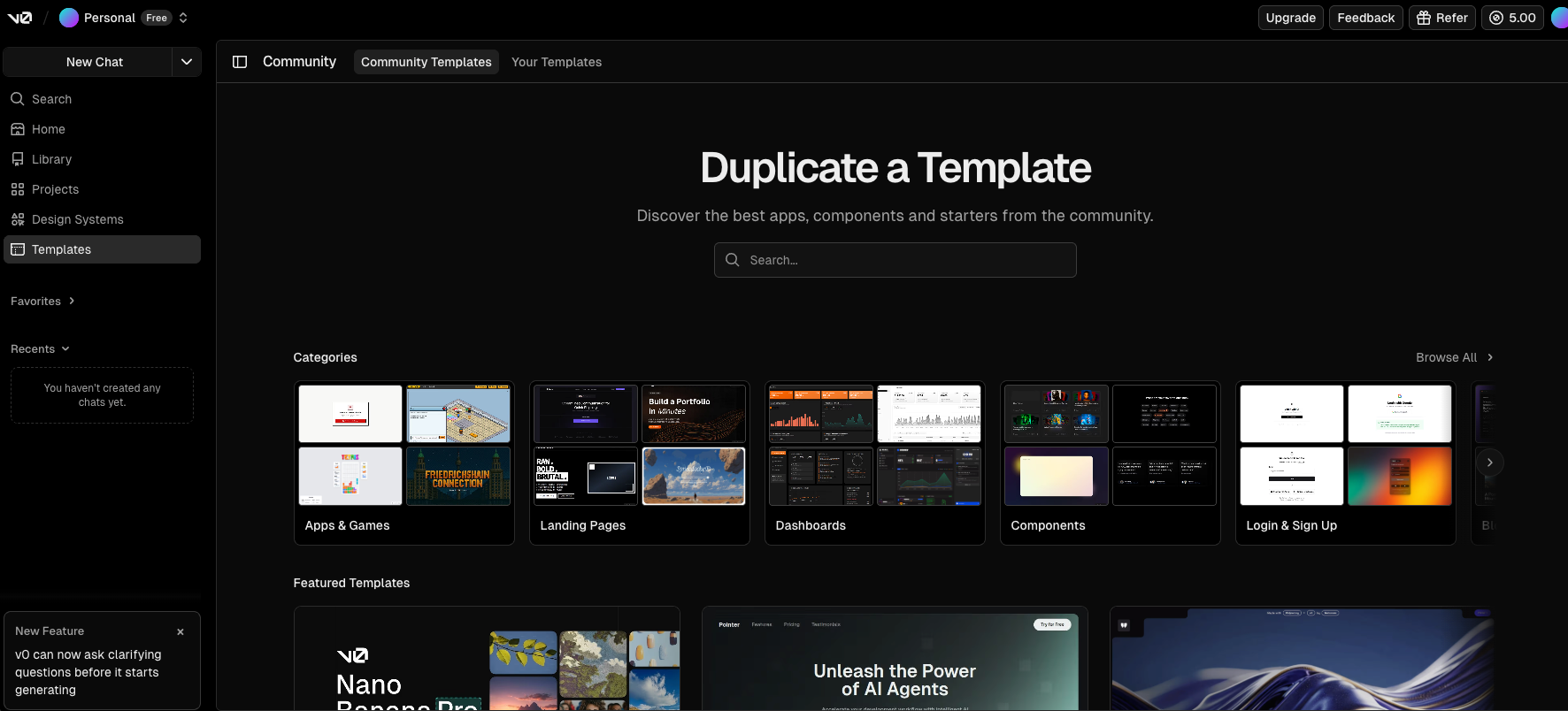 The template page of V0 by Vercel.