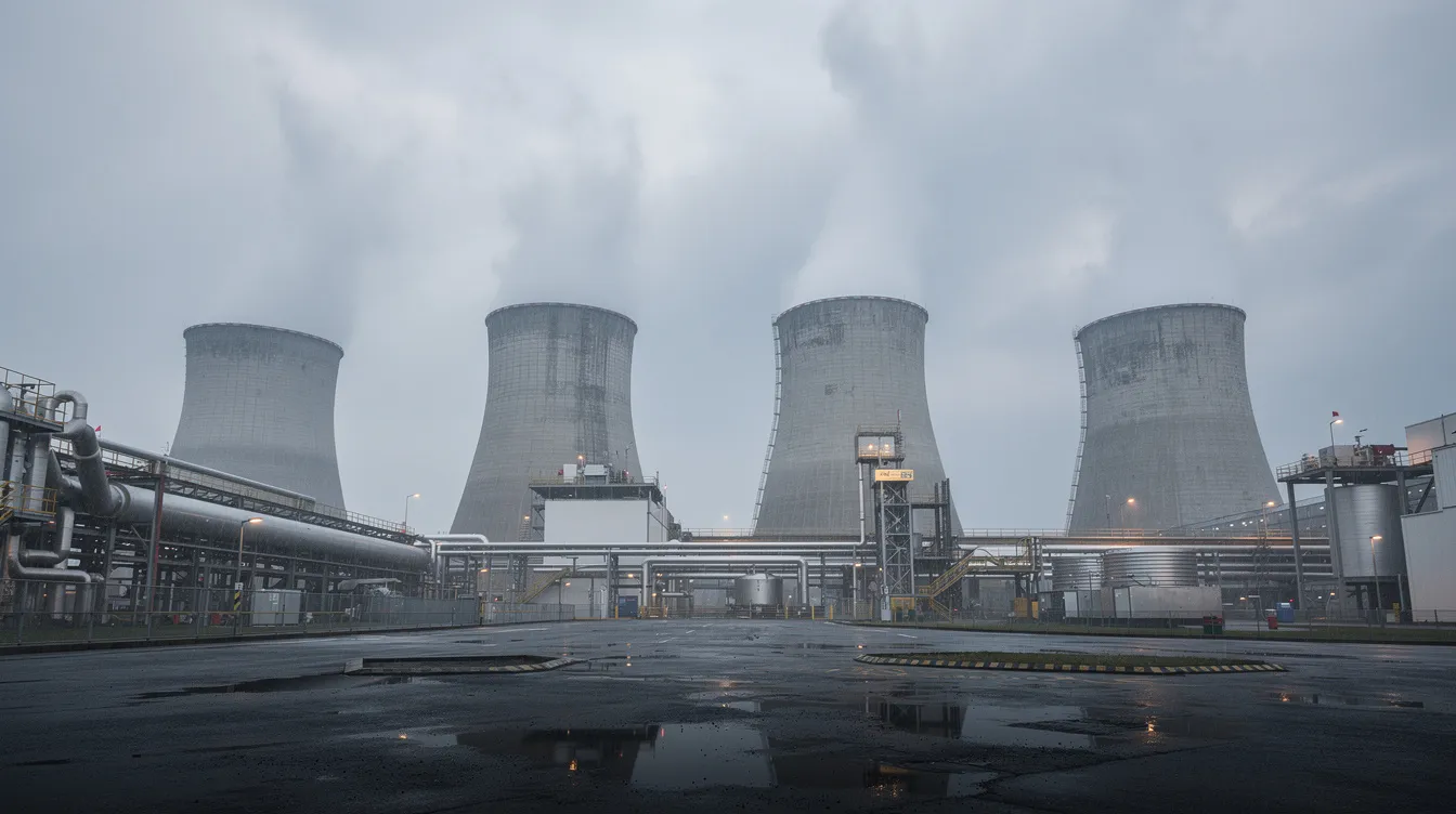 The image depicts large industrial cooling towers emitting water mist from a manufacturing facility, likely involved in ethanol production. This scene highlights the scale and technology used in ethanol plant operations, emphasizing the importance of energy efficiency and sustainability in the industry.