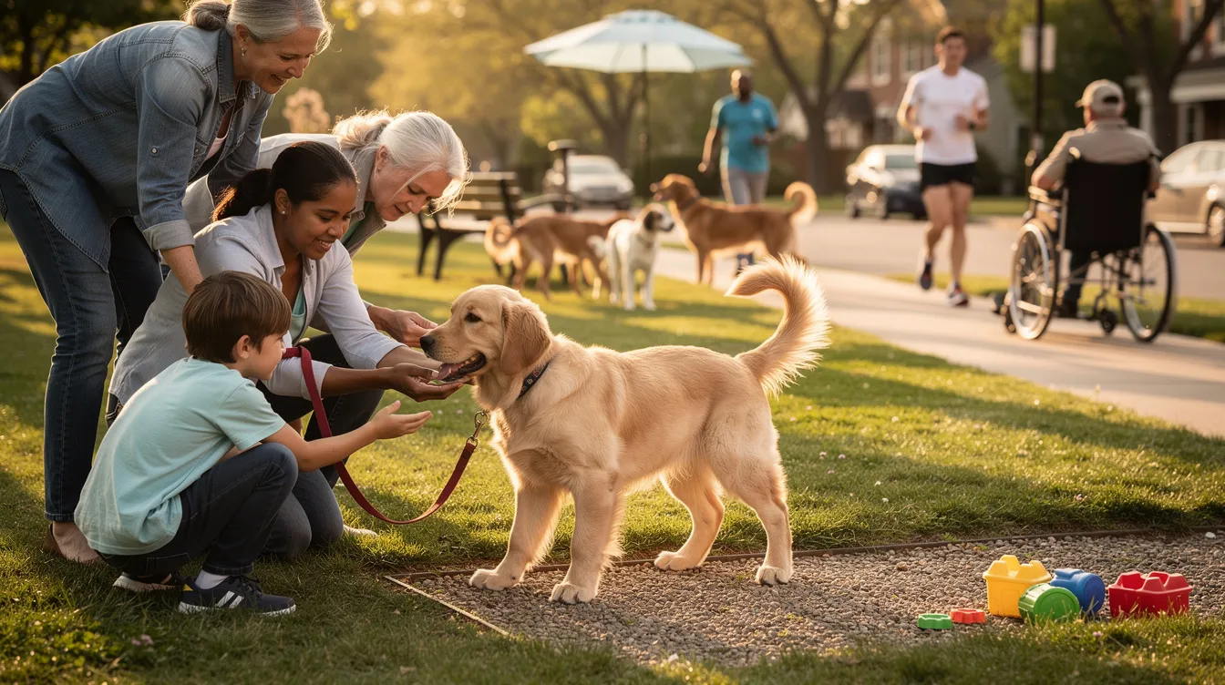 The image depicts a new puppy interacting with an adult dog in a calm environment, showcasing relaxed body language as they explore their surroundings. High value treats are placed nearby to encourage positive associations, highlighting the importance of socialization during the puppy's life.