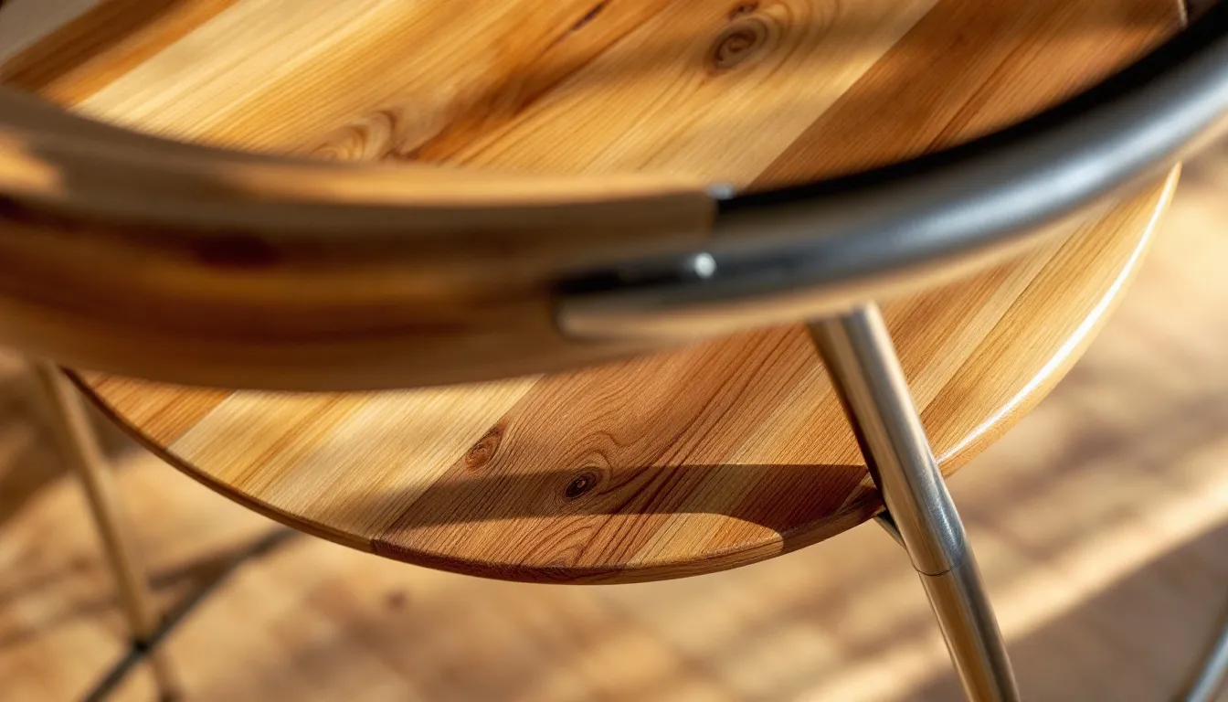 This close-up image showcases a modern dining chair, highlighting the rich wood grain and sleek metal frame details. The combination of premium materials creates a stylish and elegant piece that complements any dining room decor.