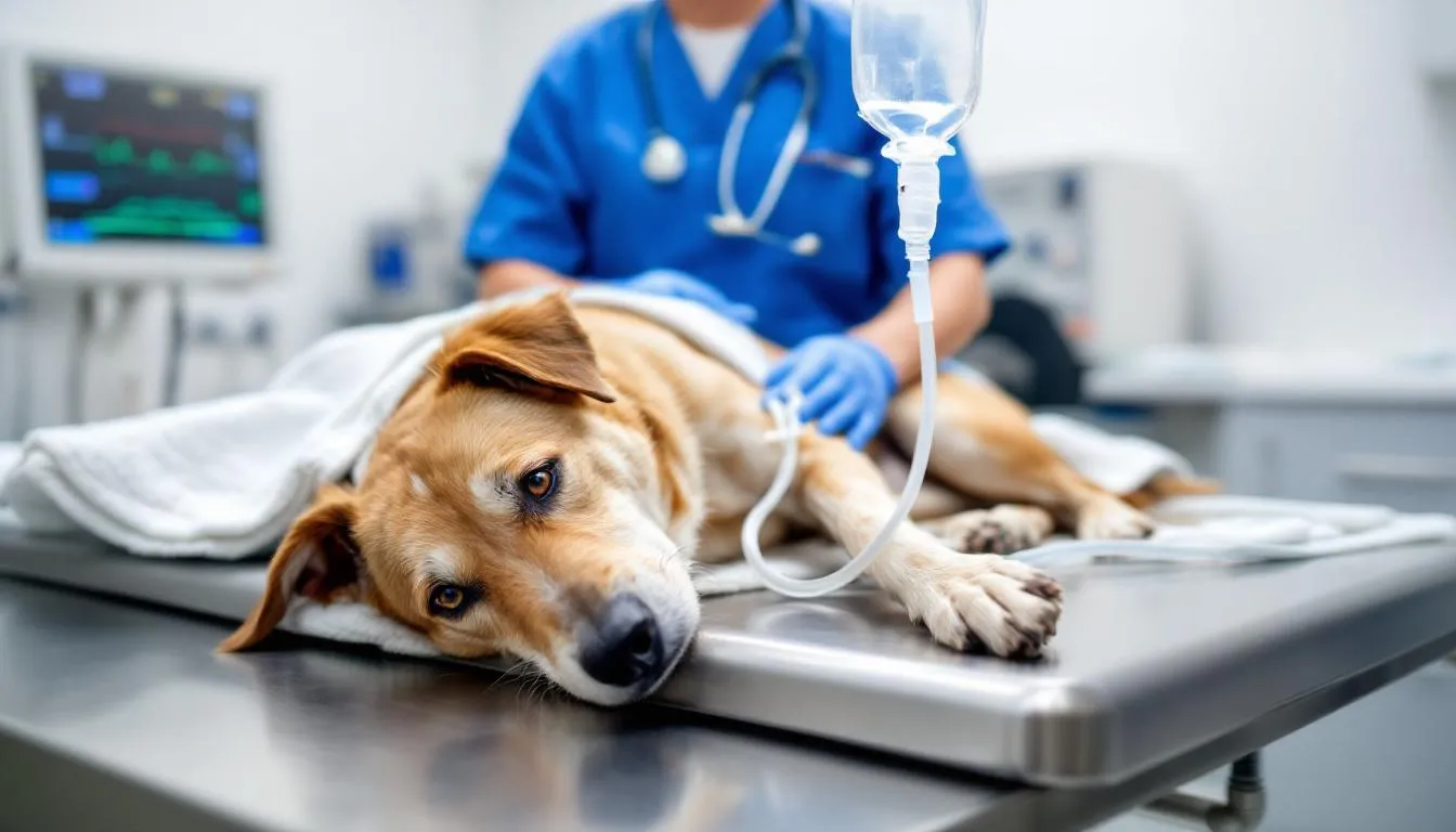 In a veterinary hospital setting, a dog is receiving intravenous fluid therapy to manage symptoms of pancreatitis, which may include abdominal pain and decreased appetite. The dog is connected to an IV drip, highlighting the importance of aggressive treatment in severe cases of canine pancreatitis.
