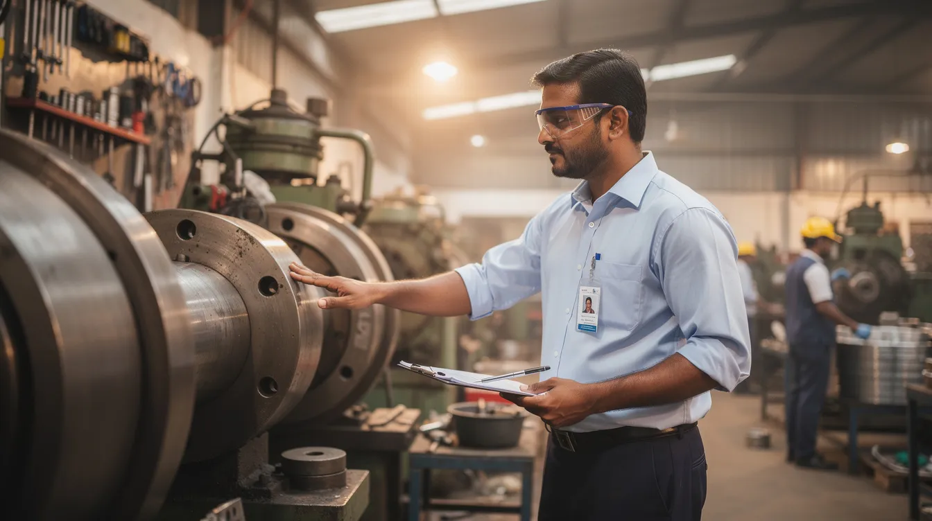 4507bc55 1086 46f0 977e d325d704bf7f A small Indian entrepreneur is inspecting industrial machinery in a workshop, reflecting the hands-on approach often necessary for micro enterprises seeking to enhance their business operations. The scene highlights the importance of a clear business plan and project report when applying for a mudra loan or seeking approval from financial institutions.