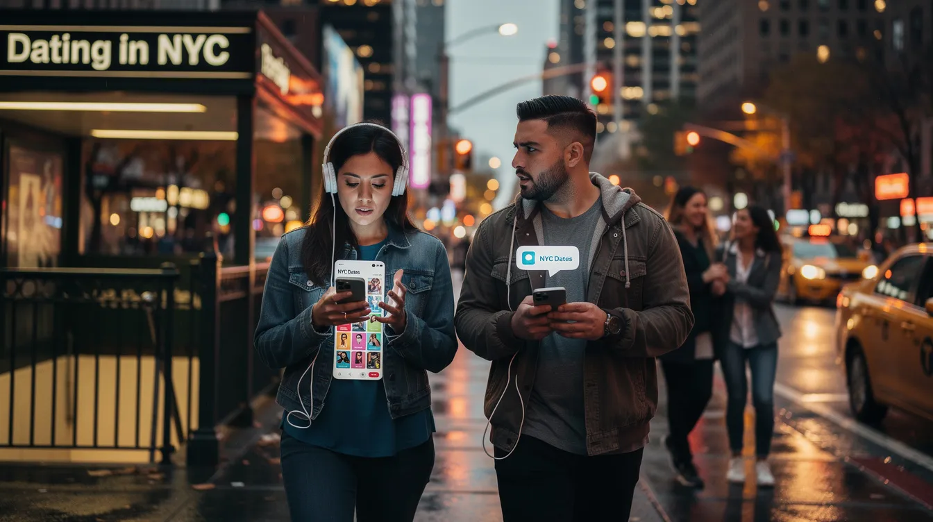 The image depicts a couple sitting at a café in NYC, engaged in a serious conversation about their relationship's future. Their body language suggests they are navigating issues of dating incompatibility, focusing on core values and communication styles to identify signs of a compatible relationship.