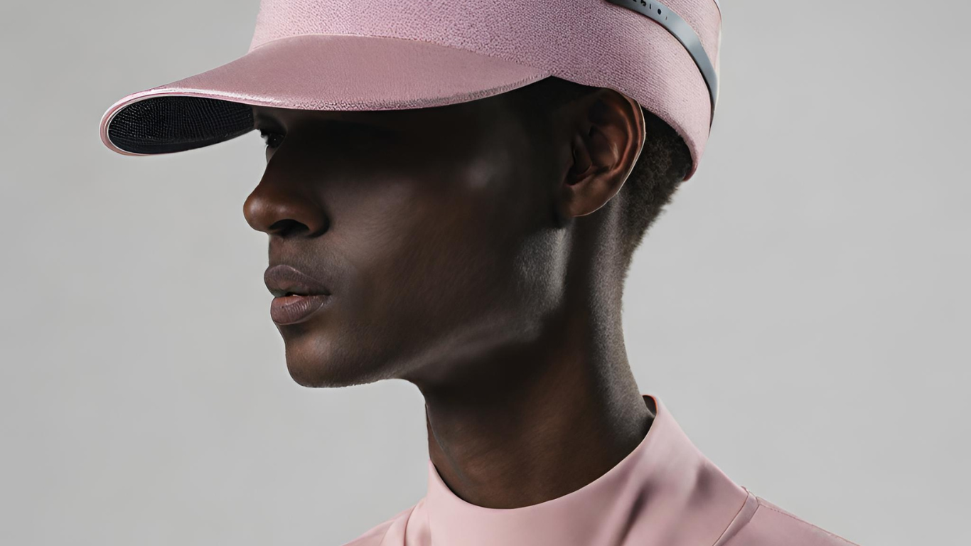 pink visor worn by a man