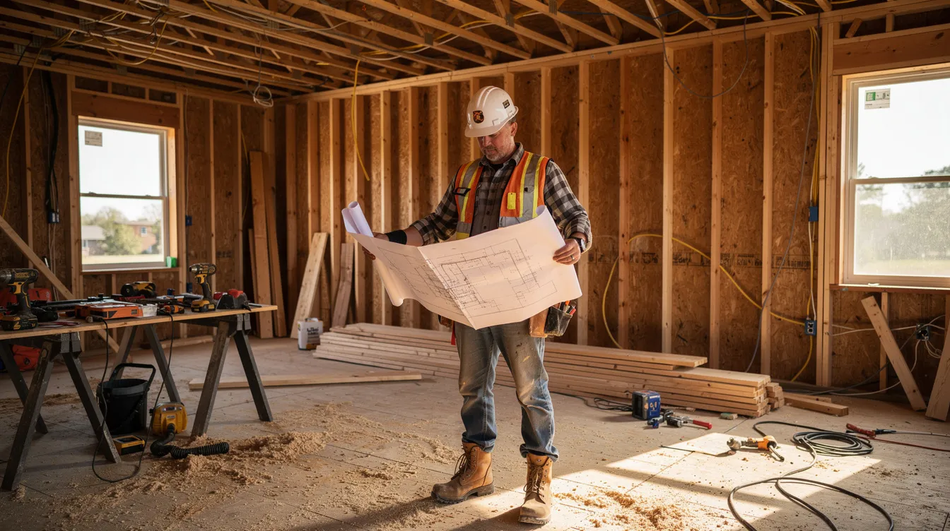 A construction worker stands at a residential renovation job site, examining blueprints amidst exposed framing and various tools scattered around. This scene captures the essence of the house flipping business, highlighting the detailed planning involved in transforming undervalued properties into profitable investments.