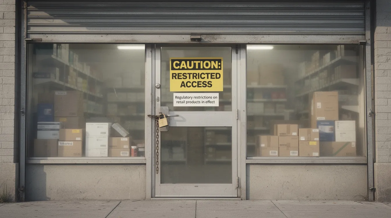 The image depicts a closed storefront with a locked door and a caution sign, symbolizing regulatory restrictions on hemp derived products and cannabis sativa retail sales. This setting highlights the complexities of state law and federal law regarding the sale of hemp derived cannabinoids, including delta 8 and delta 9 THC, which are subject to strict regulations in Massachusetts.