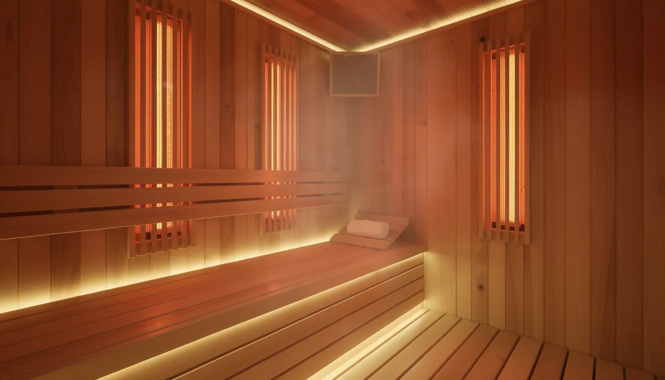 The image depicts the interior of a modern full-spectrum infrared sauna, featuring warm wooden benches and soft, ambient lighting that promotes relaxation. This serene environment is ideal for infrared sauna sessions, which offer numerous health benefits such as improved blood circulation and detoxification.