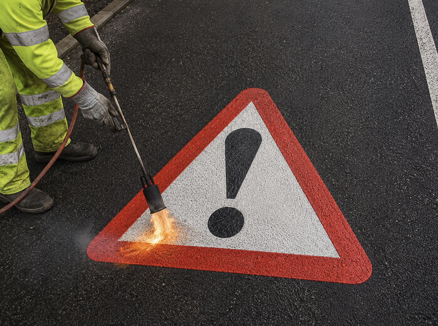 Image of installation of Thermoplastic warning sign being installed