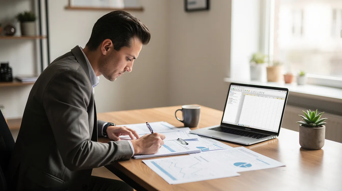 A small business owner is seated at a desk, reviewing various documents while a laptop is open in front of them. The scene suggests the owner is preparing to apply for financial assistance through the Mudra scheme, possibly involving micro units development and loan amounts for their business.
