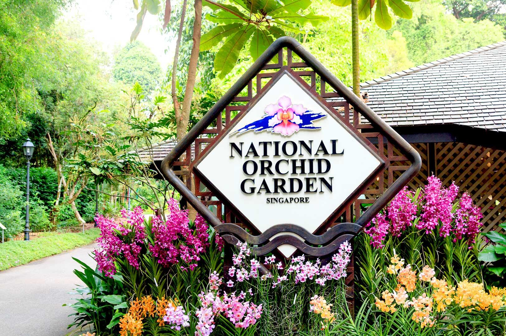 National Orchid Garden entrance sign with colorful orchids