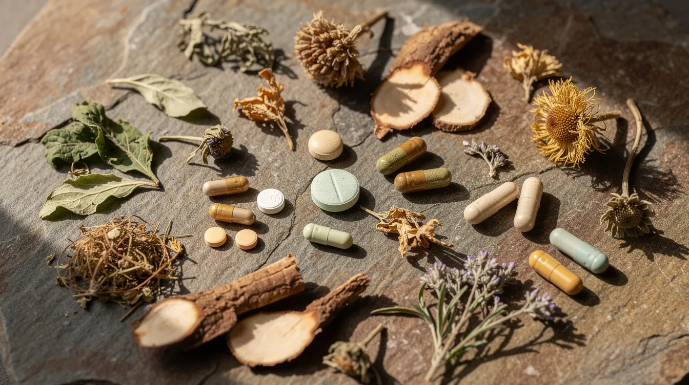 The image features a close-up of various dried herbs, roots, and supplement capsules displayed on a natural stone surface, highlighting natural remedies that may influence sexual desire and support sexual health. These elements represent potential libido-boosting supplements that can help address sexual concerns for women, particularly those experiencing low libido or menopausal symptoms.