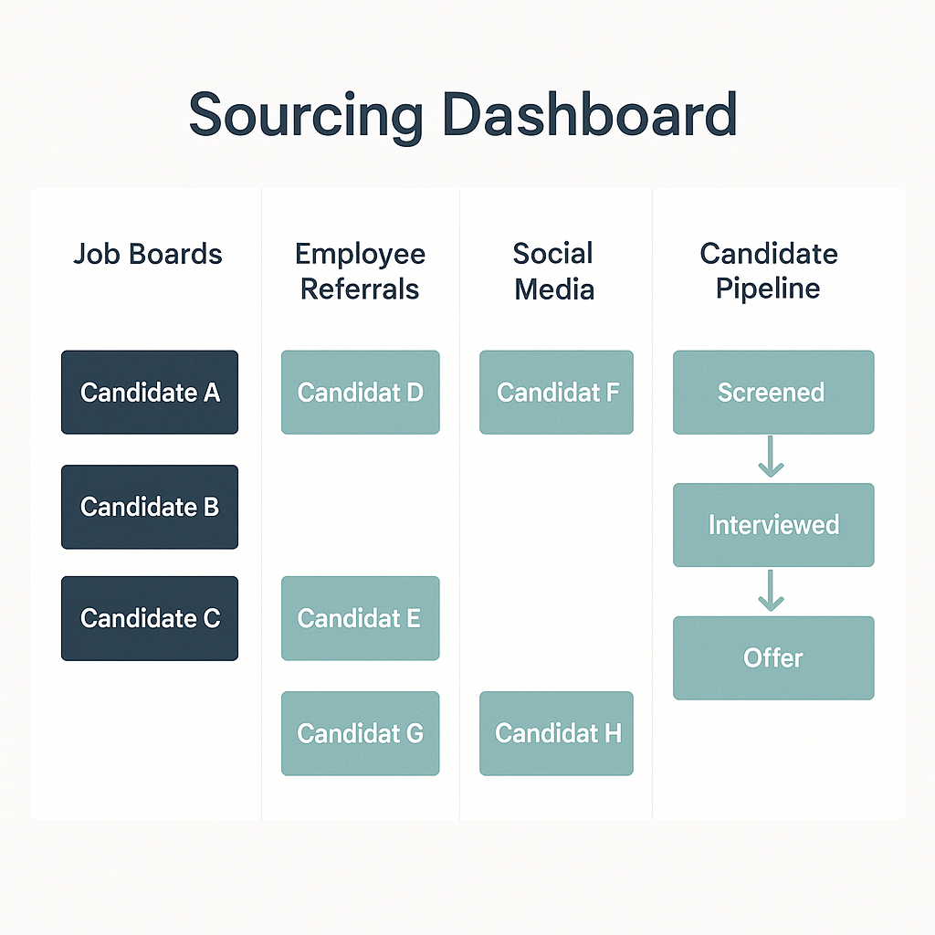 Digital illustration of a sourcing dashboard with a clean, modern layout. The screen is divided into four vertical columns: 'Job Boards,' 'Employee Referrals,' 'Social Media,' and 'Candidate Pipeline.' Each sourcing channel lists candidates labeled A through H in navy and teal boxes. The 'Candidate Pipeline' column displays a structured flow: 'Screened' → 'Interviewed' → 'Offer,' connected by arrows.