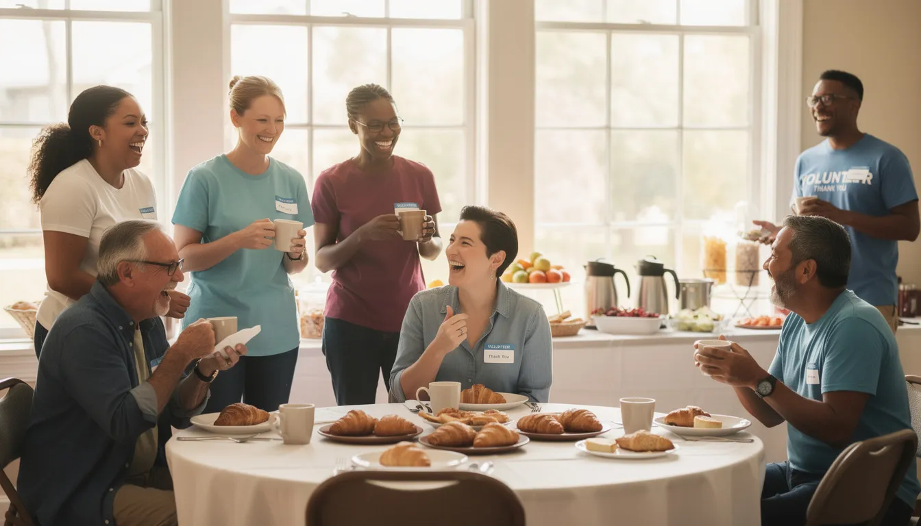 A group of cheerful volunteers is gathered at an appreciation breakfast event, enjoying their time together while holding coffee cups and sharing laughter. This gathering highlights the importance of recognizing volunteers and celebrating their contributions to the community.