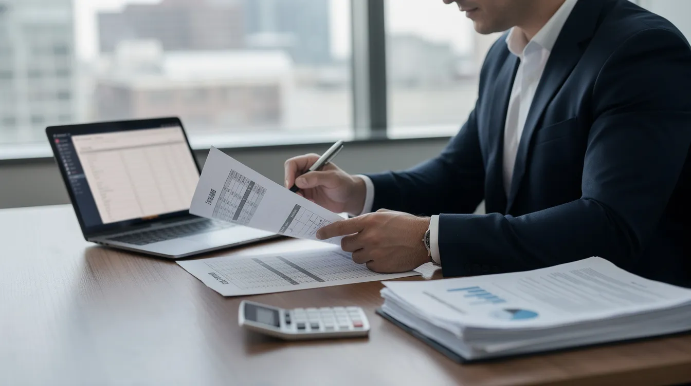 A business professional is seated at a desk, intently reviewing financial documents that likely include a cost segregation analysis. This analysis could reveal significant tax savings opportunities and depreciation deductions for property owners, enhancing their cash flow and reducing tax liability through strategic tax planning.