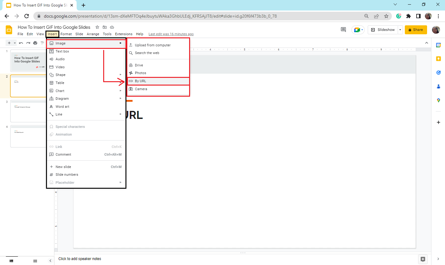Select a particular layout on your Google Slides, then click "Insert" tab and choose Images, under it select "By URL."
