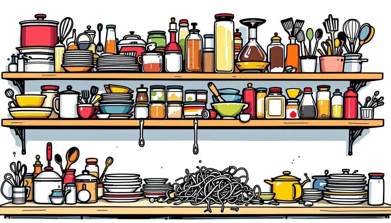 Open shelving in a kitchen showing various kitchen items, illustrating the pitfalls of open shelving.