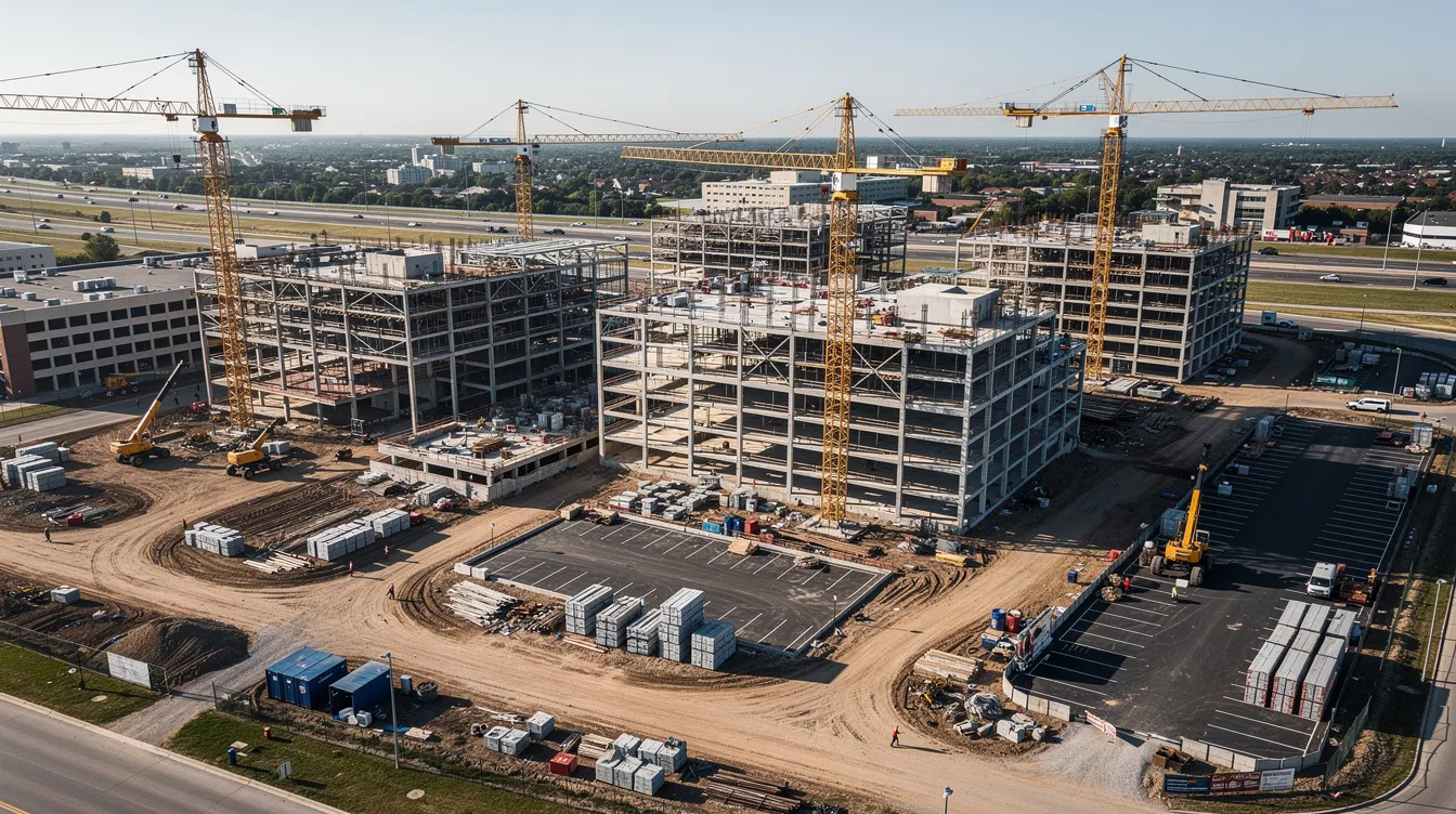 An aerial view captures a large commercial construction project featuring multiple buildings under construction, with cranes actively working on-site. This scene highlights the construction industry's dynamic environment, where skilled workers and merit shop contractors contribute to critical infrastructure development.