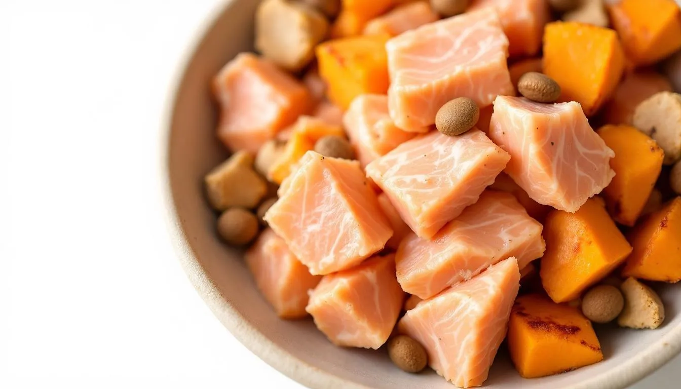 A bowl of high-quality dog food featuring visible ingredients like salmon and sweet potato, designed to support a dog