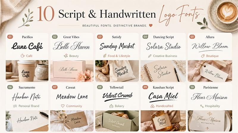 Script and handwritten logo fonts showing creative lettering styles for lifestyle and boutique brands