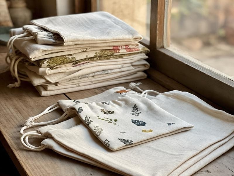 A stack of muslin drawstring bags, some plain and some with nature-inspired prints, arranged on a wooden surface beside a window