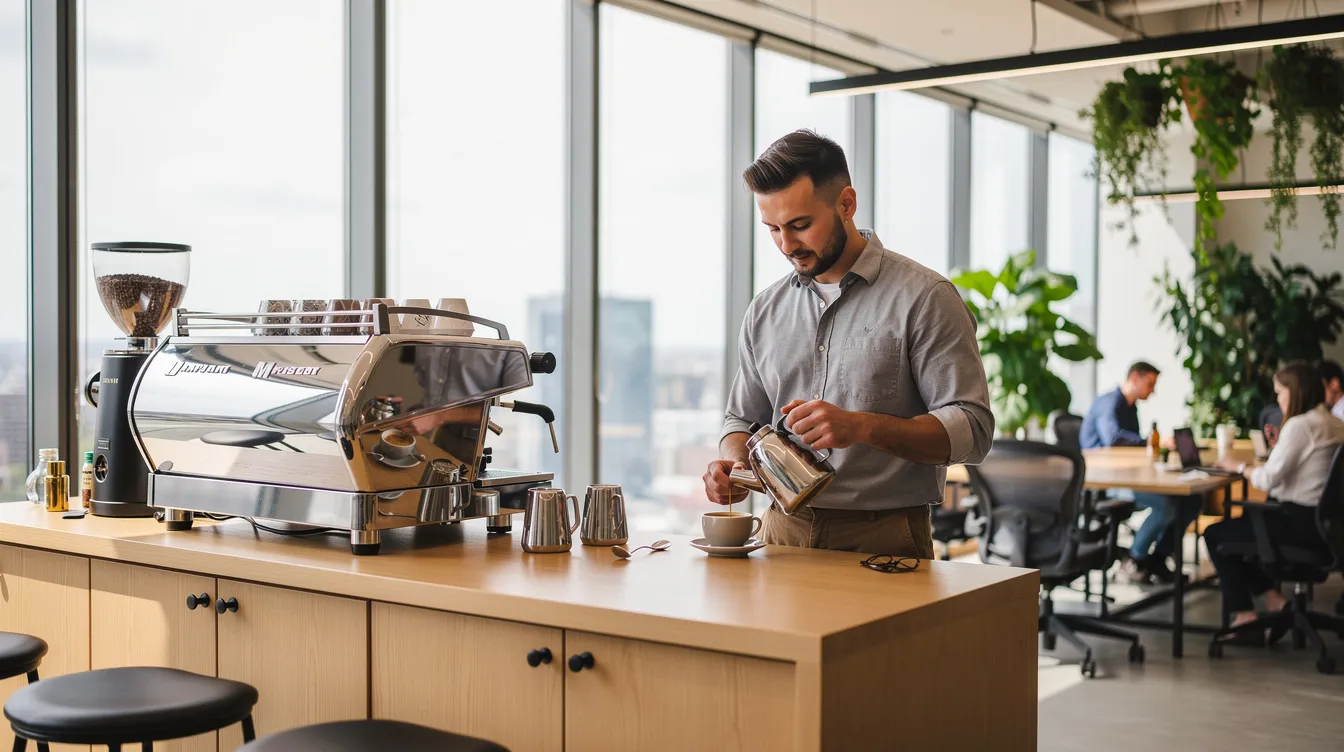 Una barra de café profesional en una oficina moderna, donde un barista sirve café de alta calidad a clientes en un ambiente luminoso, rodeado de amplios ventanales y plantas. La imagen refleja la atención al detalle y el servicio que ofrece este espacio, ideal para reuniones y eventos.