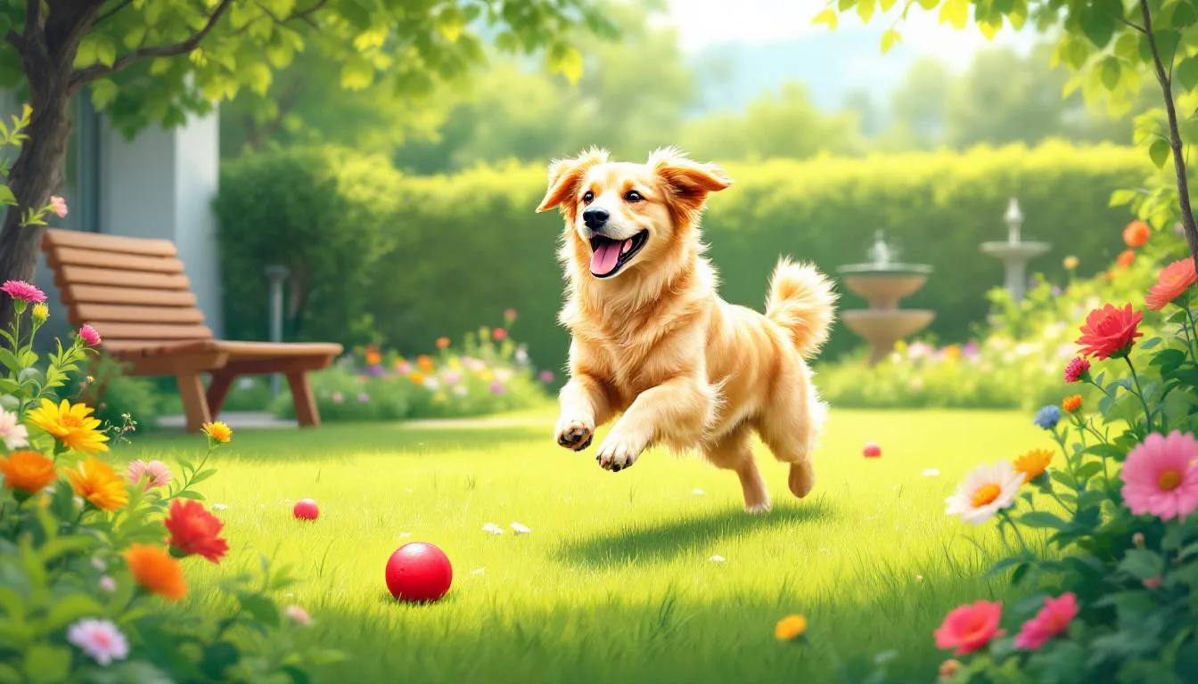 A dog playing happily in a garden, representing a healthy lifestyle to prevent acid reflux.