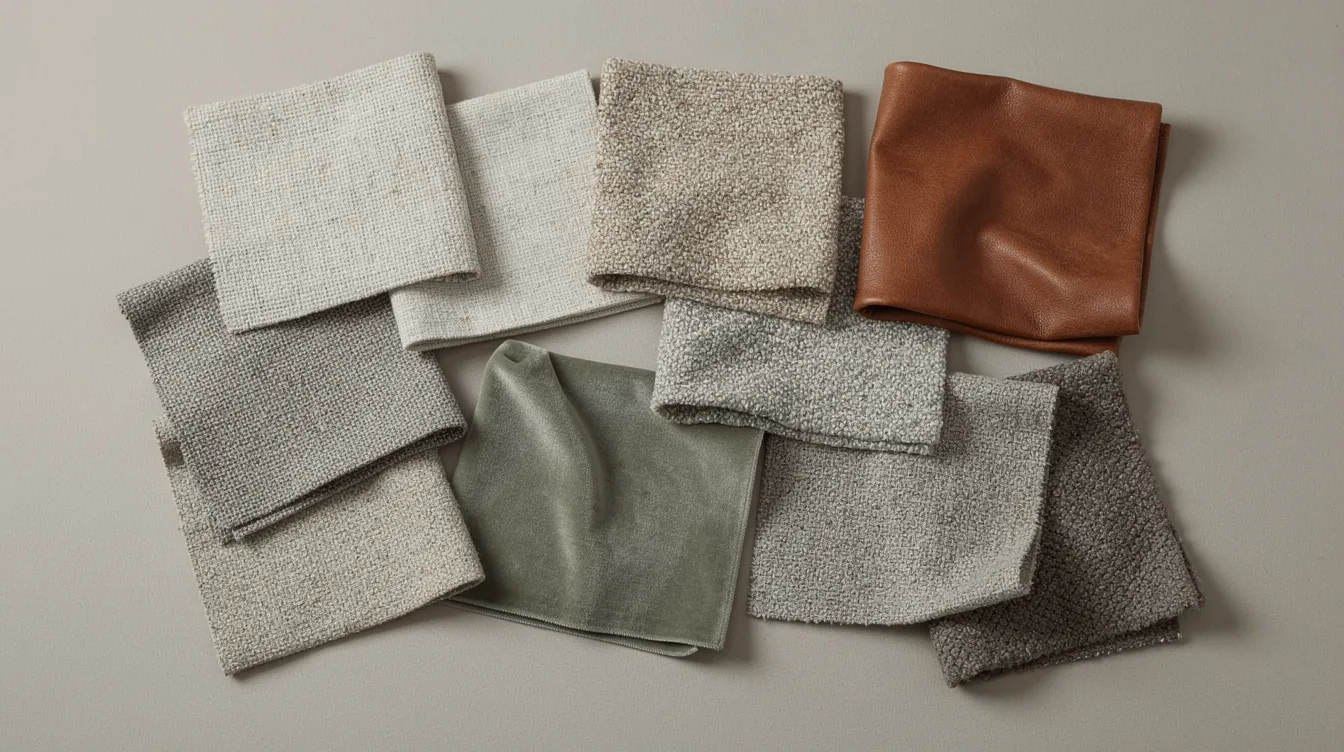 Bildbeskrivning: En samling av olika tygprover och texturer som används för möbelklädsel, inklusive färgglada och neutrala alternativ. Dessa material är viktiga att tänka på när man väljer en ny soffa av hög kvalitet som ska passa in i hemmet och ge komfort.