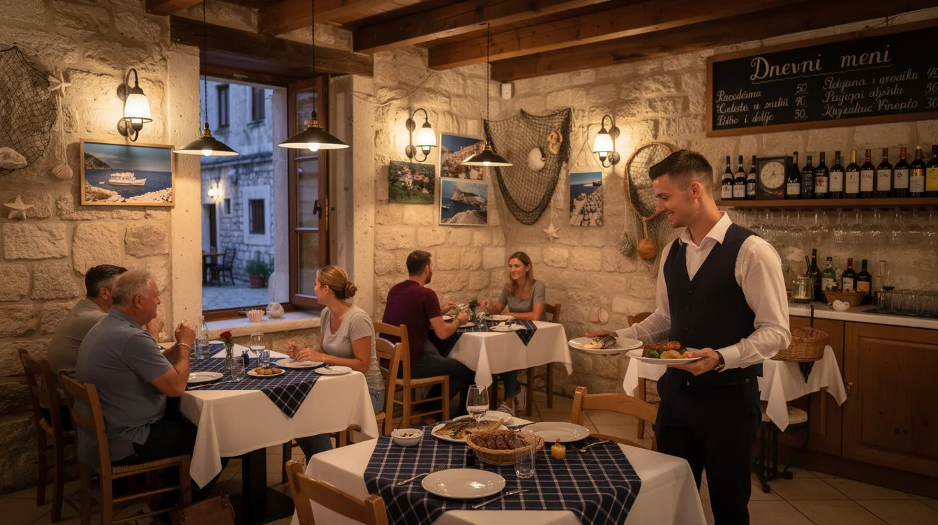 A imagem mostra um restaurante croata, com uma decoração que reflete a cultura local, localizado à beira do mar Adriático. Os clientes desfrutam de pratos típicos da culinária croata, enquanto apreciam a vista para o litoral da Croácia, criando uma experiência gastronômica única.