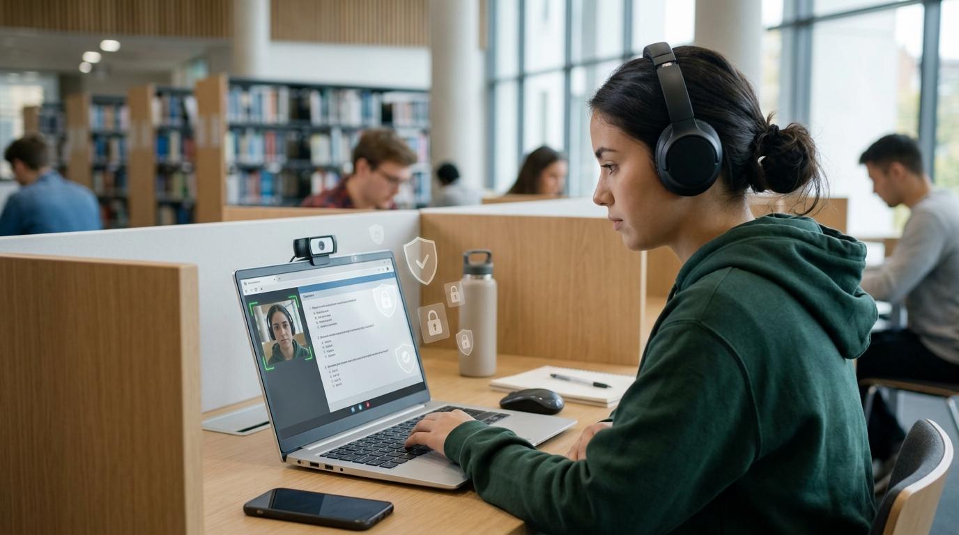 Student taking a secure online exam with facial verification, webcam monitoring, cybersecurity shields, and a protected cloud-based virtual workspace.