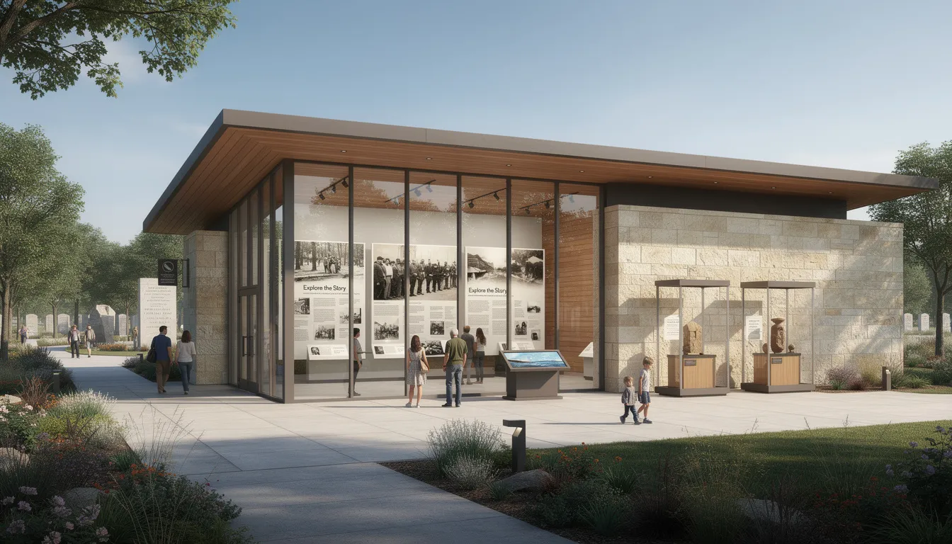 The image depicts the visitor center building at the entrance of the Dachau concentration camp memorial, featuring educational displays that provide information about the history of the camp and its prisoners during the Nazi regime. The center serves as a resource for visitors to learn about the experiences of concentration camp prisoners and the impact of the Dachau camp system.