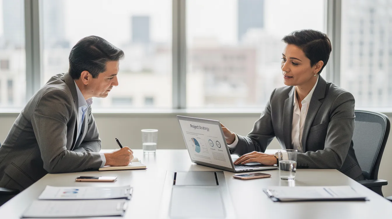 The image depicts two professionals engaged in a consultation meeting, with one person taking notes while the other presents ideas on a laptop screen. This collaborative setting highlights the course development process, where they likely discuss strategies for creating engaging online courses and aligning learning objectives to meet the unique needs of learners. The image depicts two professionals engaged in a consultation meeting, with one person taking notes while the other presents ideas on a laptop screen. This collaborative setting highlights the course development process, where they likely discuss strategies for creating engaging online courses and aligning learning objectives to meet the unique needs of learners.