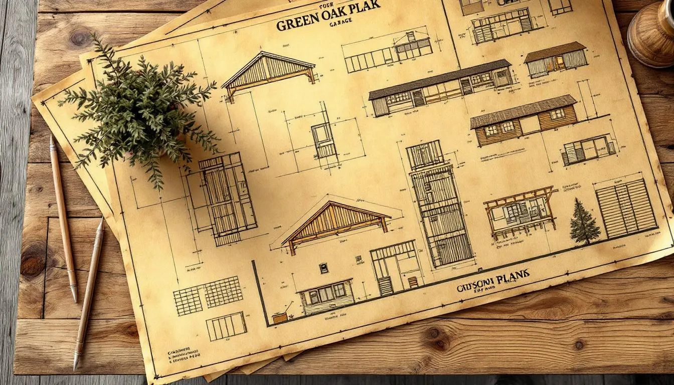 Customizable plans for green oak garages displayed on a table.