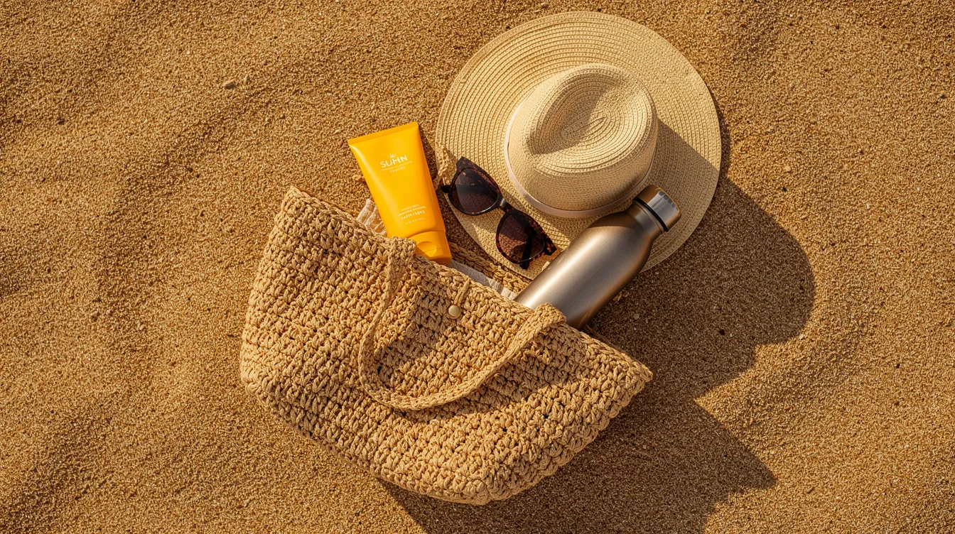 An overhead view of a woven beach bag sits on the sand, surrounded by essential beach items including sunscreen, sunglasses, a straw hat, and a reusable water bottle, perfect for a beach vacation packing list. This arrangement highlights the must-have gear for a fun beach trip.