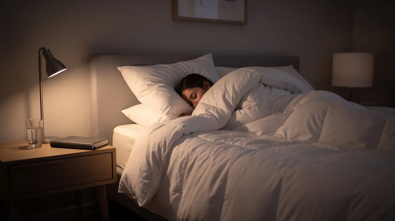 A person is sleeping peacefully under soft white bedding in a dimly lit bedroom, suggesting a scene of restorative sleep and improved sleep quality. This serene environment may be enhanced by sleep supplements like wondersleep mushroom gummies, known for their potential to support restful nights and promote a positive mood.
