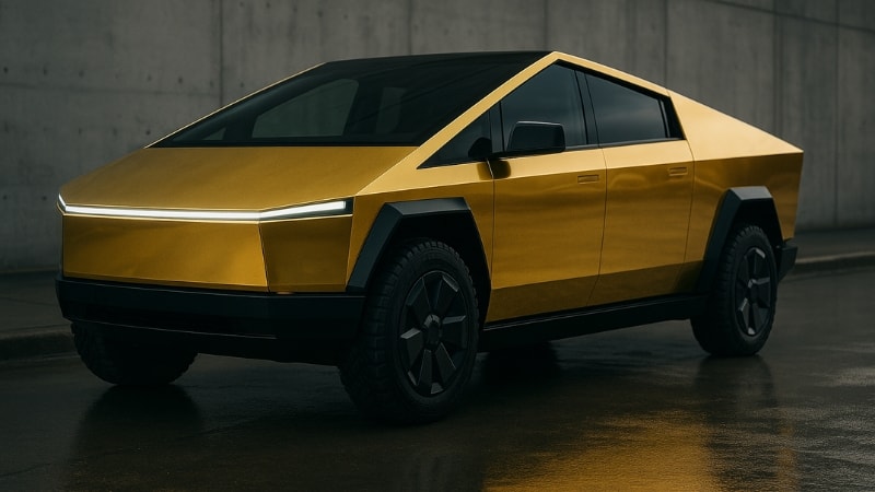 A Cyber-truck wrapped in metallic yellow vinyl wrap