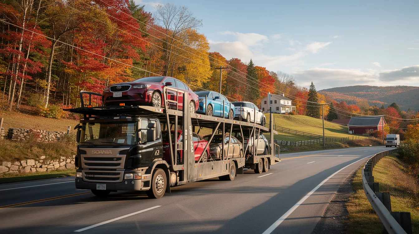 A car carrier truck is driving along a highway, surrounded by the picturesque New England landscape, showcasing vibrant fall foliage. This scene highlights the auto transport industry, particularly the car shipping services available in Connecticut for transporting vehicles efficiently.