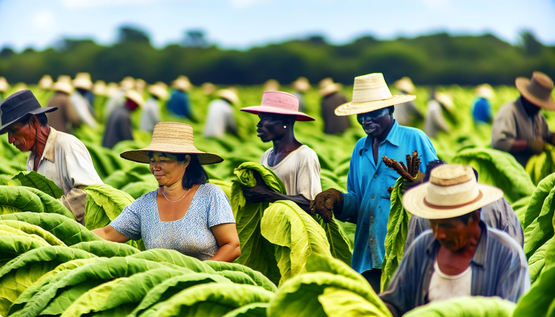 Nicaraguan tobacco field with workers harvesting tobacco leaves